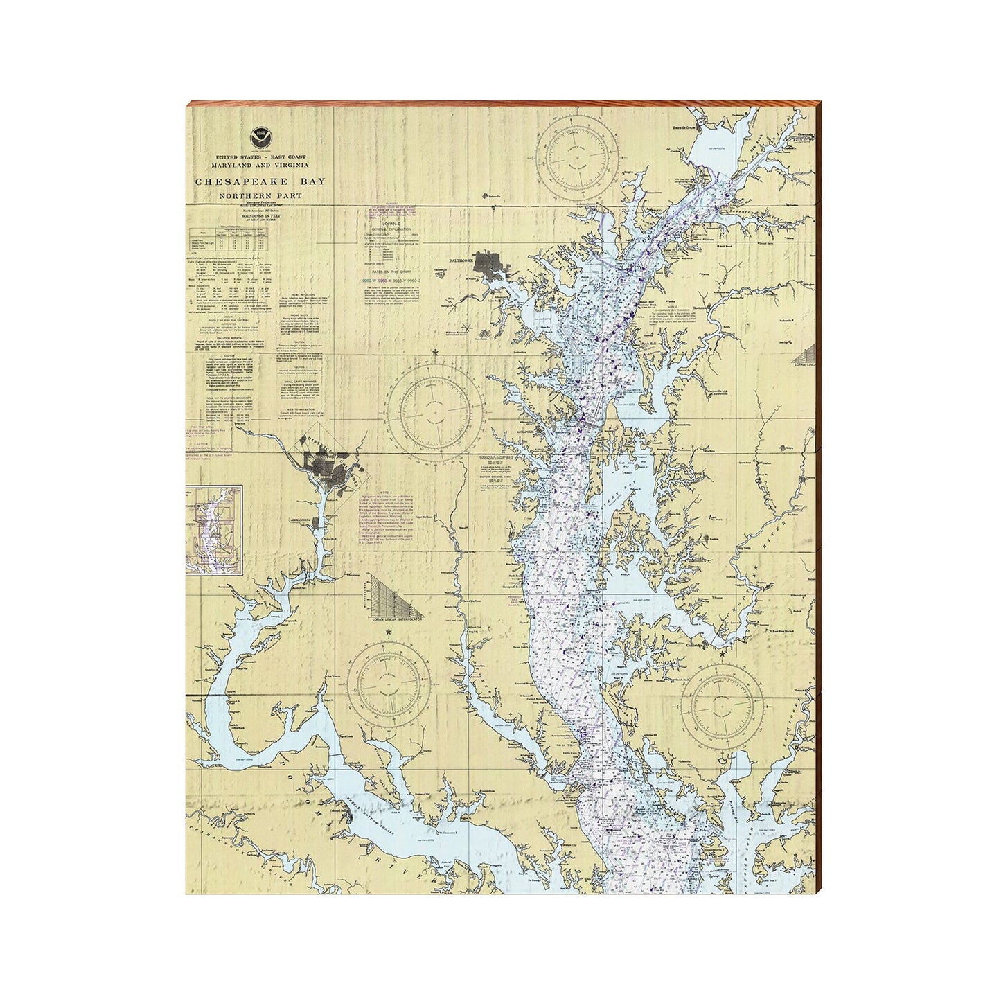 Upper Chesapeake Bay Navigational Map | Wall Art Print on Real Wood