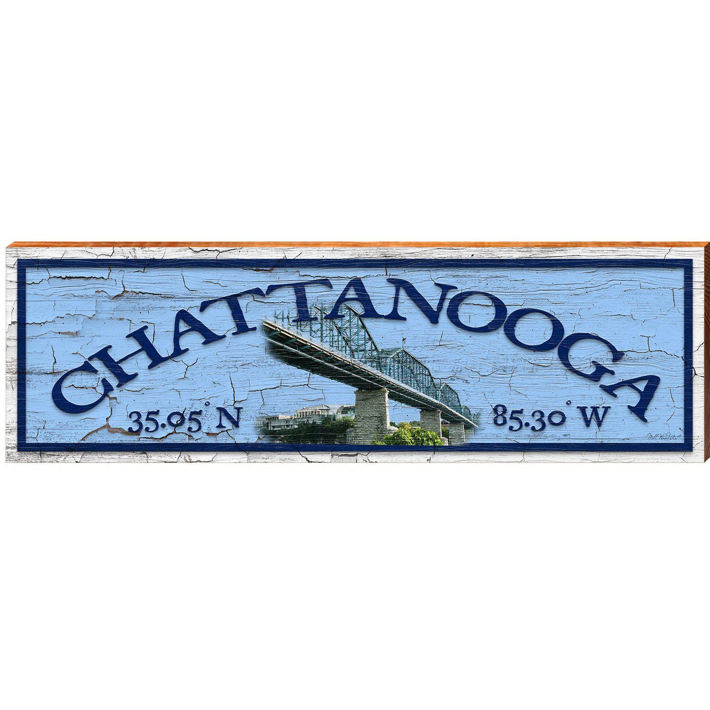 Chattanooga Bridge Blue Shabby Latitude Longitude | Wall Art Print on Real Wood