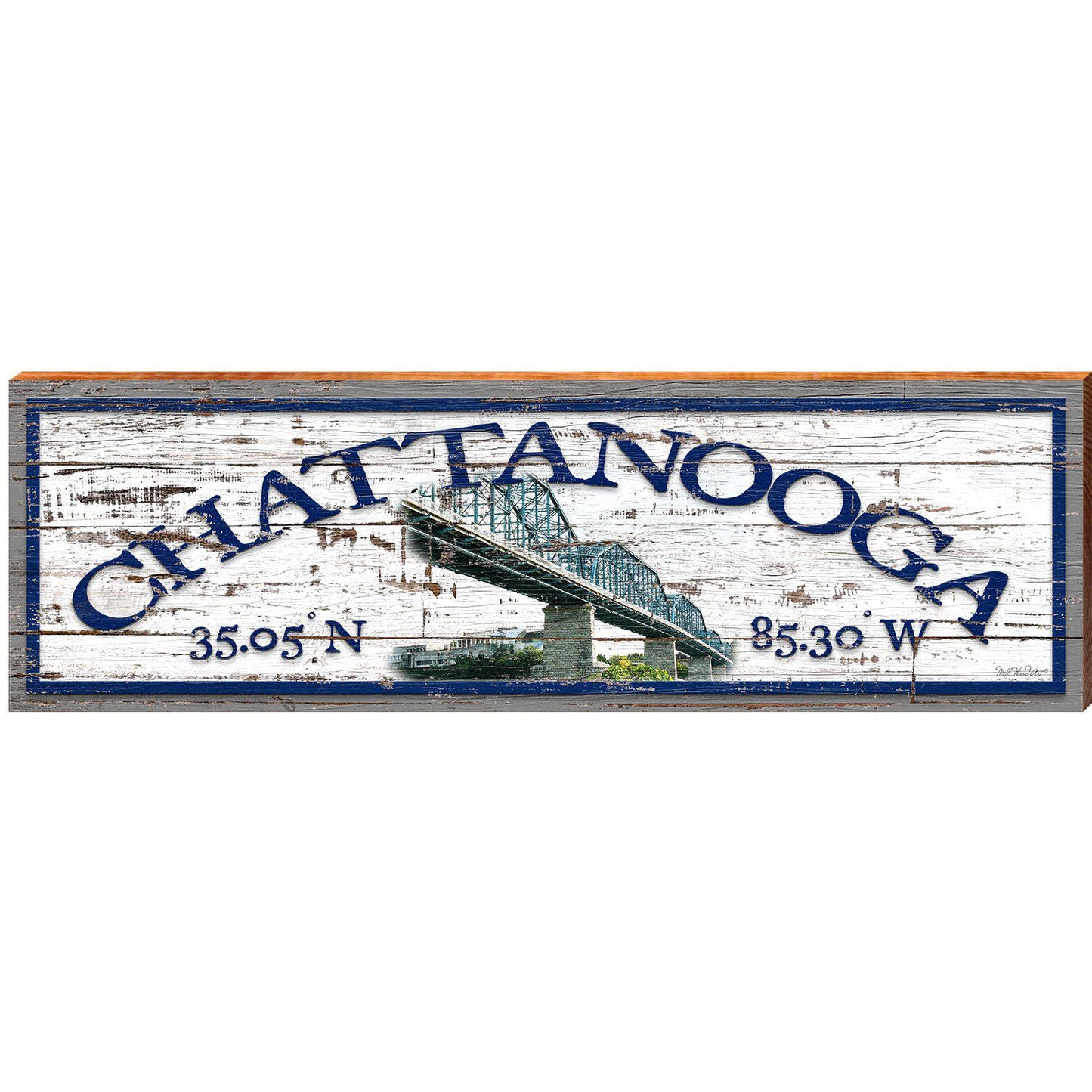 Chattanooga Bridge White Shabby Latitude Longitude | Wall Art Print on Real Wood