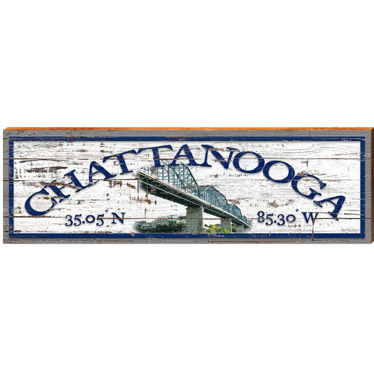 Chattanooga Bridge White Shabby Latitude Longitude | Wall Art Print on Real Wood