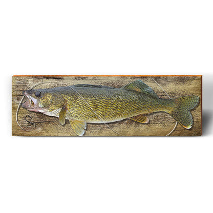 Walleye Fish Hook Wooden Sign | Wall Art Print on Real Wood | Cabin Mountain Fishing Lodge Decor