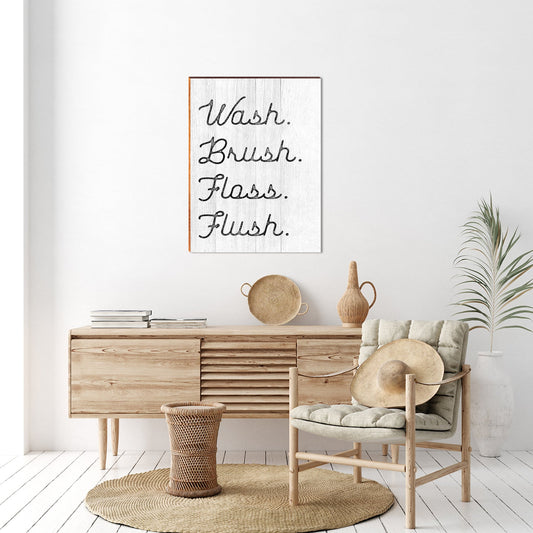 Wash Brush Floss Flush Farmhouse Saying Sign | Wall Art Print on Real Wood