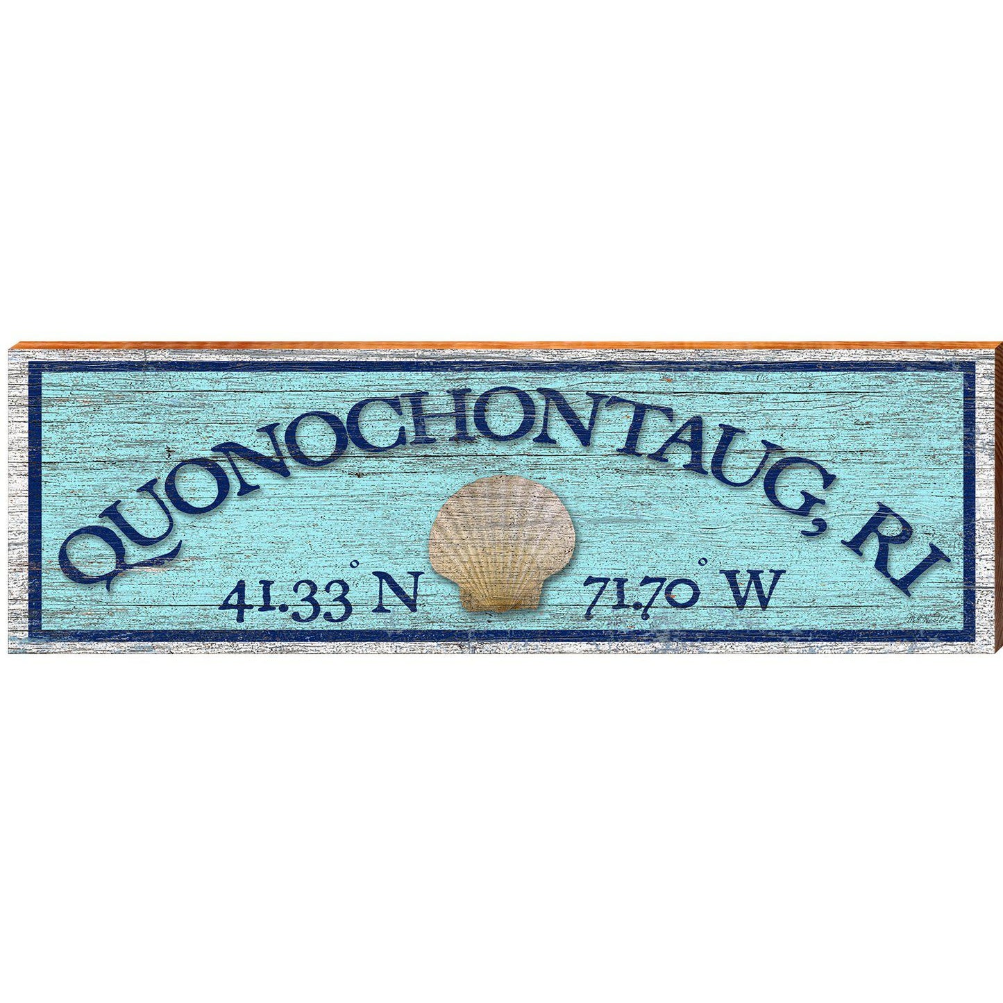 Quonochontaug, RI Shell Blue Latitude Longitude | Wall Art Print on Real Wood