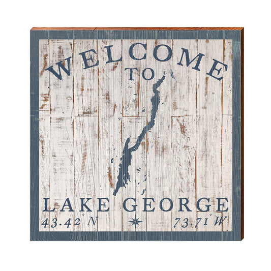 Welcome To Lake George, New York Navy & White Shabby Map | Wall Art Print on Real Wood