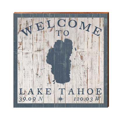 Welcome to Lake Tahoe Navy & White Shabby Map Latitude Longitude | Wall Art Print on Real Wood