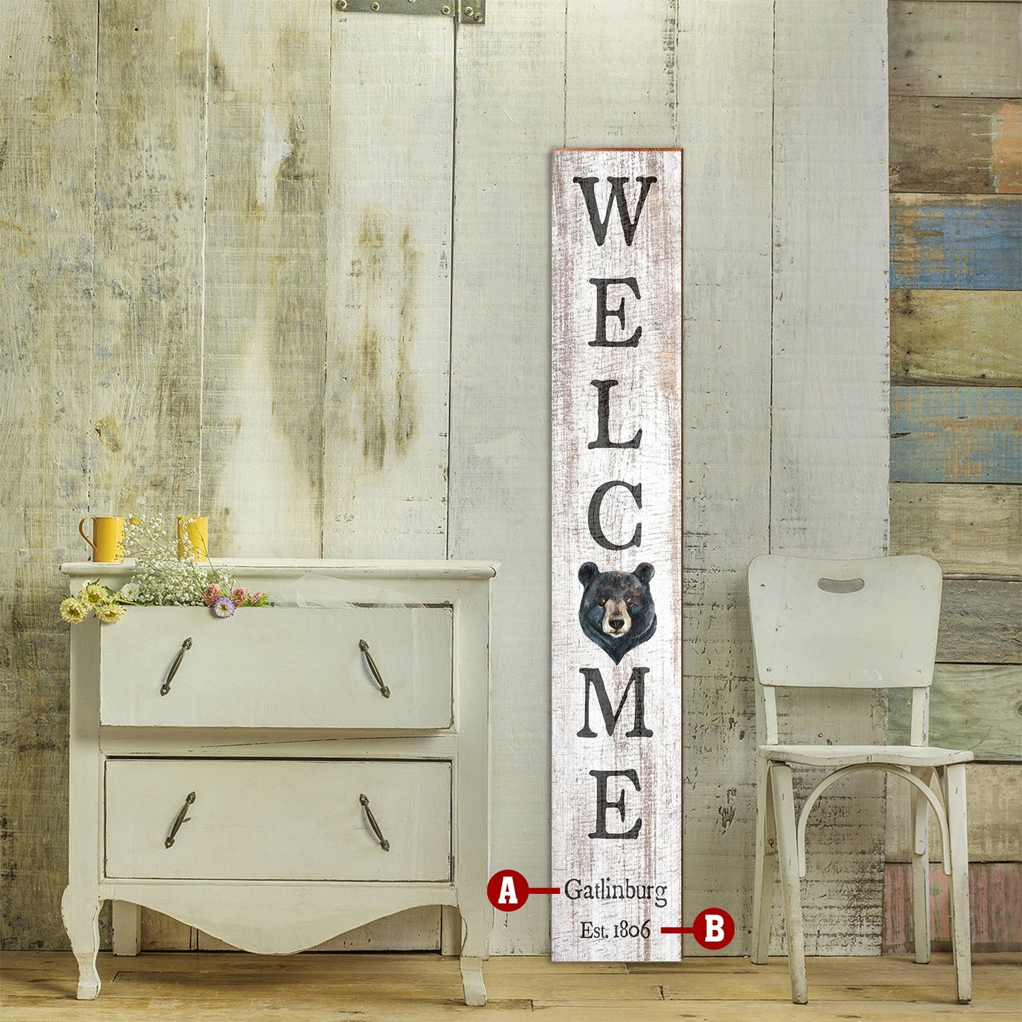 Customizable Whitewash Lodge Welcome Sign | Wall Art Print on Real Wood | 9.5"x59"