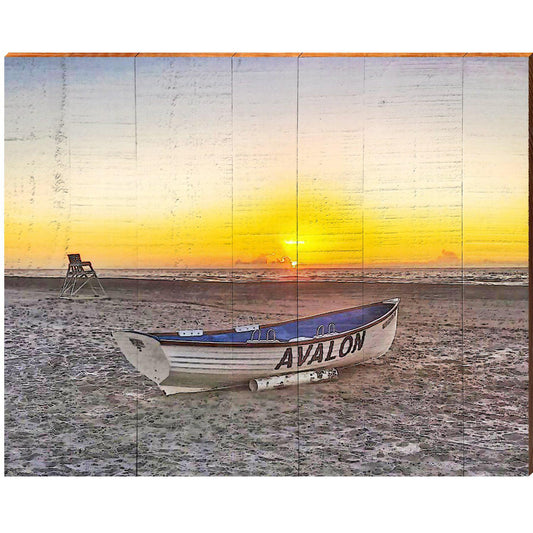 Avalon Beach Patrol Boat at Sunset | Wall Art Print on Real Wood