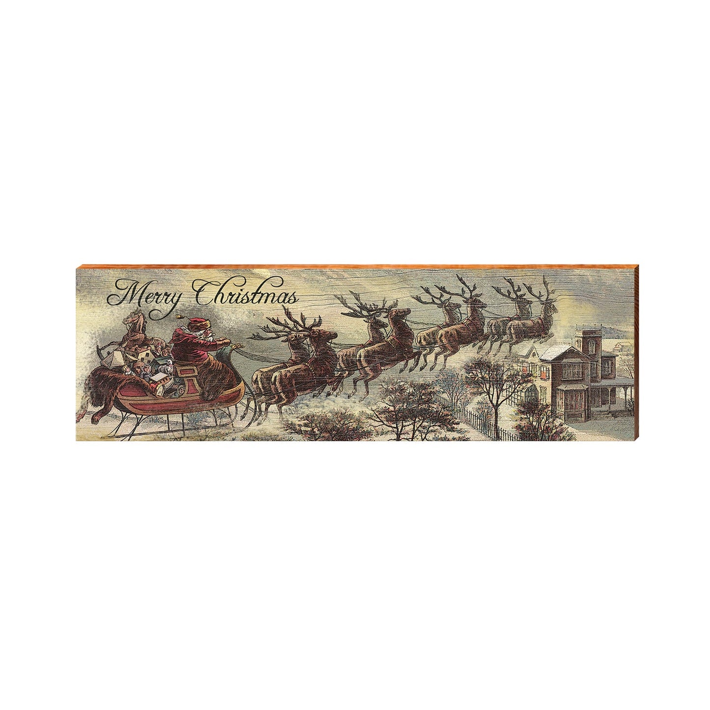 Merry Christmas Santa Sleigh | Real Art Print on Wood